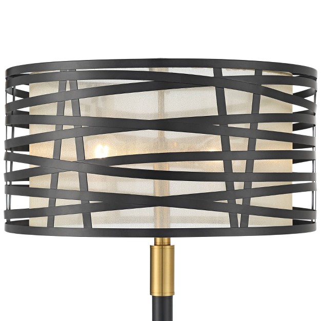 Tall Matte Black Warm Gold Metal Double Drum Shade For Living Room Bedroom Office