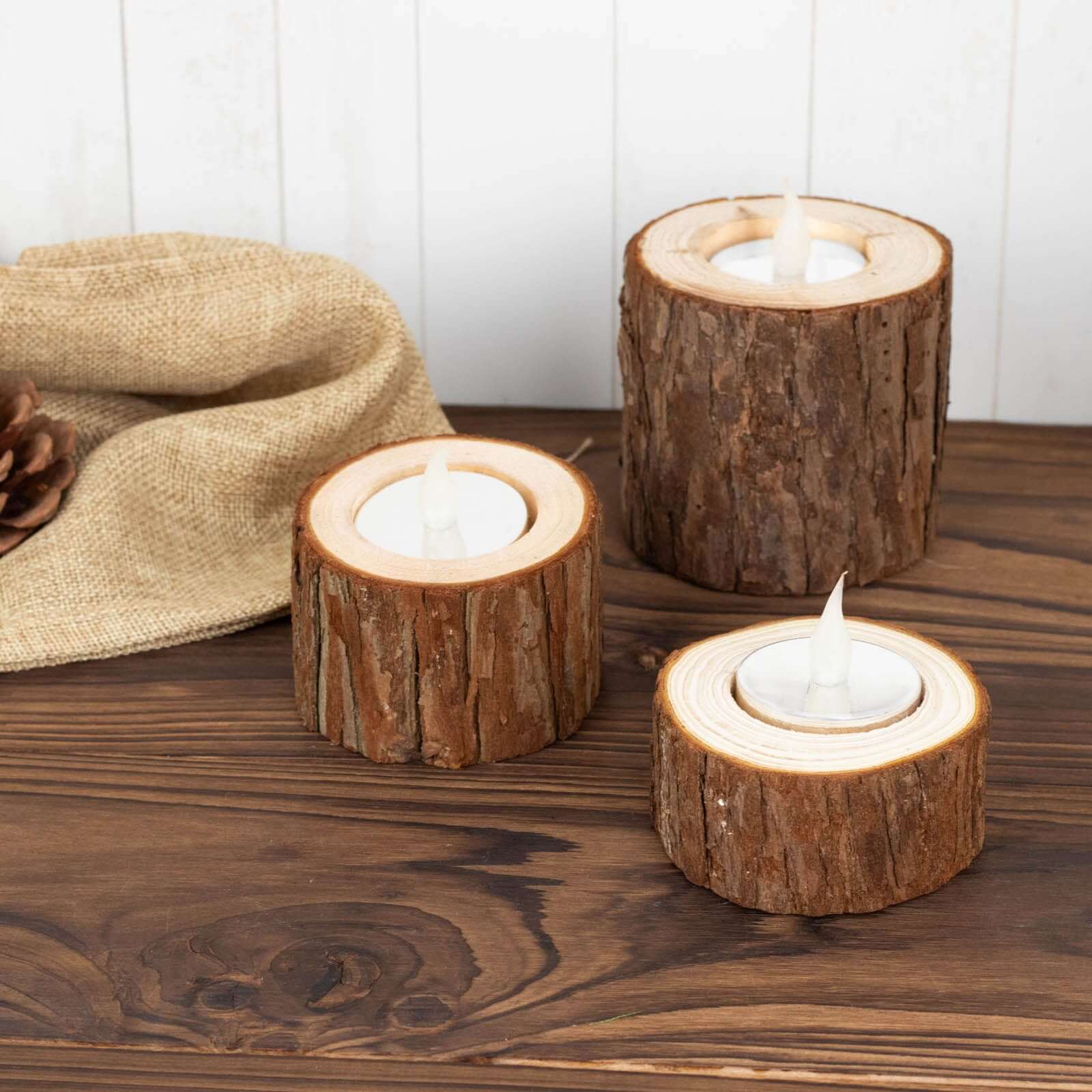 Set of 3 Assorted Farmhouse Wood Slice Votive Candle Holders, Rustic Tree Branch Wedding Table Décor 2.75