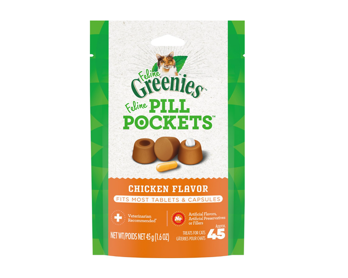 Feline Greenies Pill Pocket Cat Treats， Chicken Flavor，  45 Count Pouch