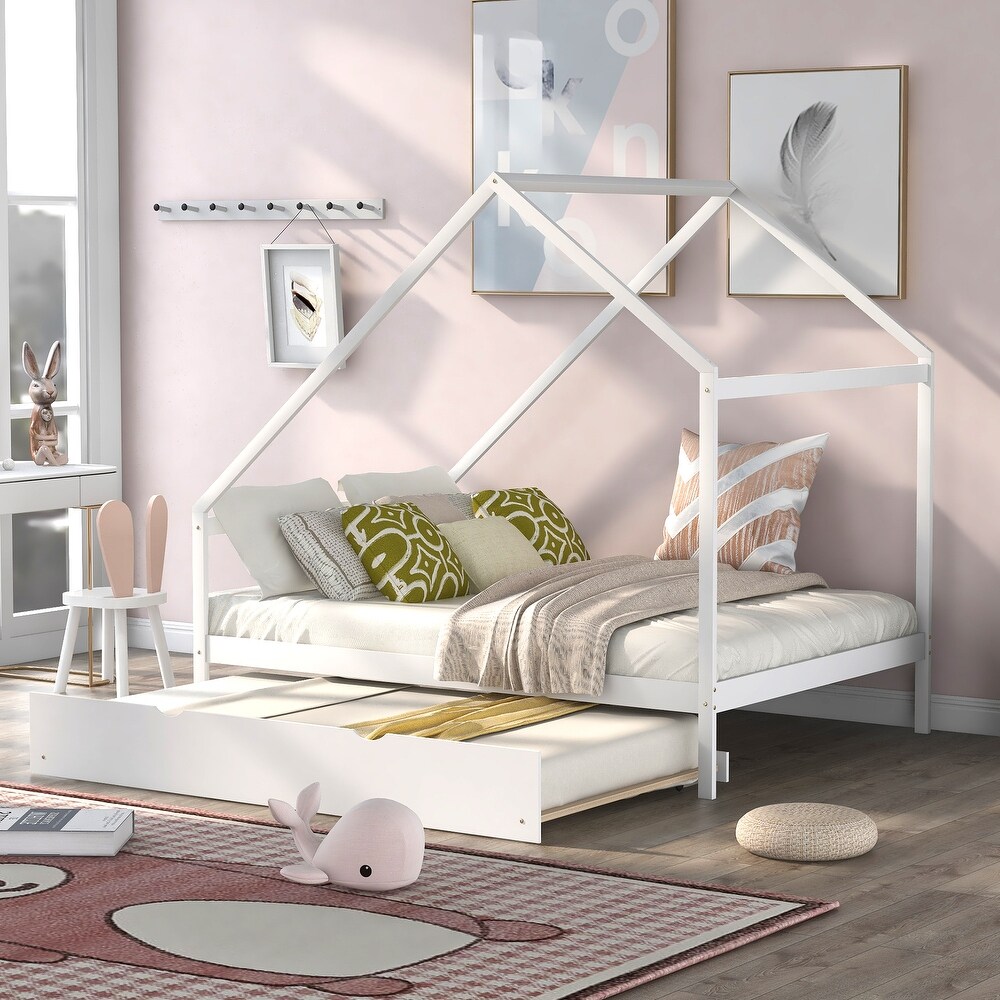 Full Size Wooden House Bed Simple Daybed Frame with Twin Size Trundle Suitable for DIY Decor Ribbons or Lanterns on Eaves