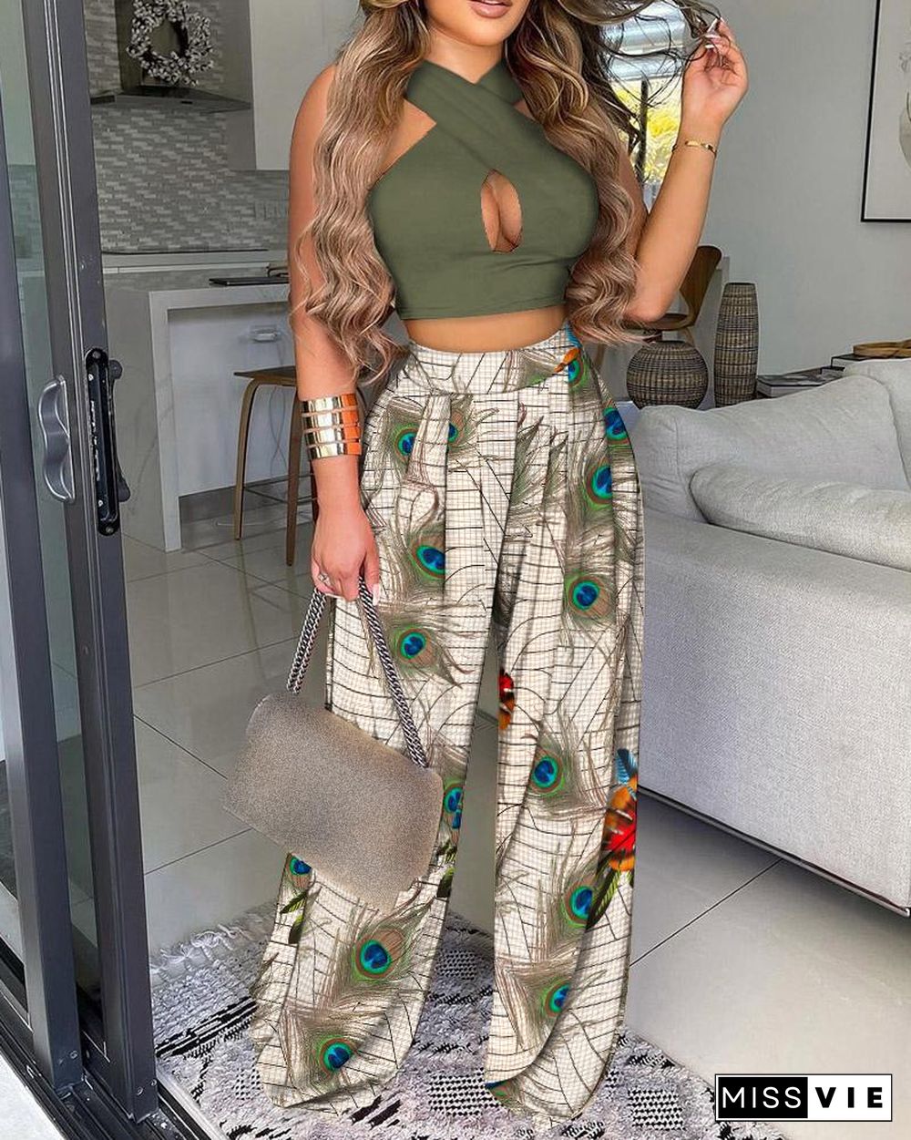 Plain Cross Halter Top & Floral Print Wide Leg Pants Set