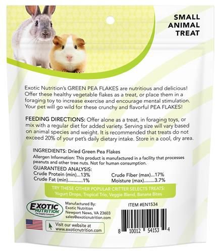 Exotic Nutrition Green Pea Flakes Small Pet Treat， 3-oz bag