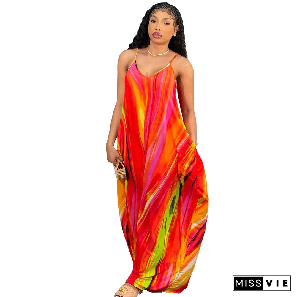 Tie Dye Print Loose Pockets Floor Length Dresses