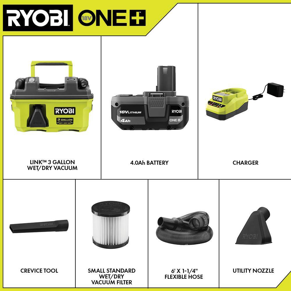 RYOBI ONE+ 18V LINK Cordless 3 Gal. WetDry Vacuum Kit with 4.0 Ah Battery and 18V Charger PCL734K