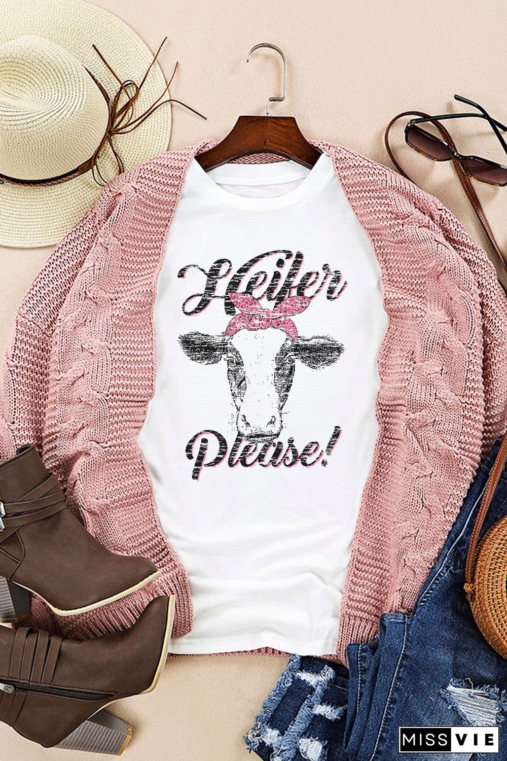 White Heifer Please Cute Graphic Print T Shirt