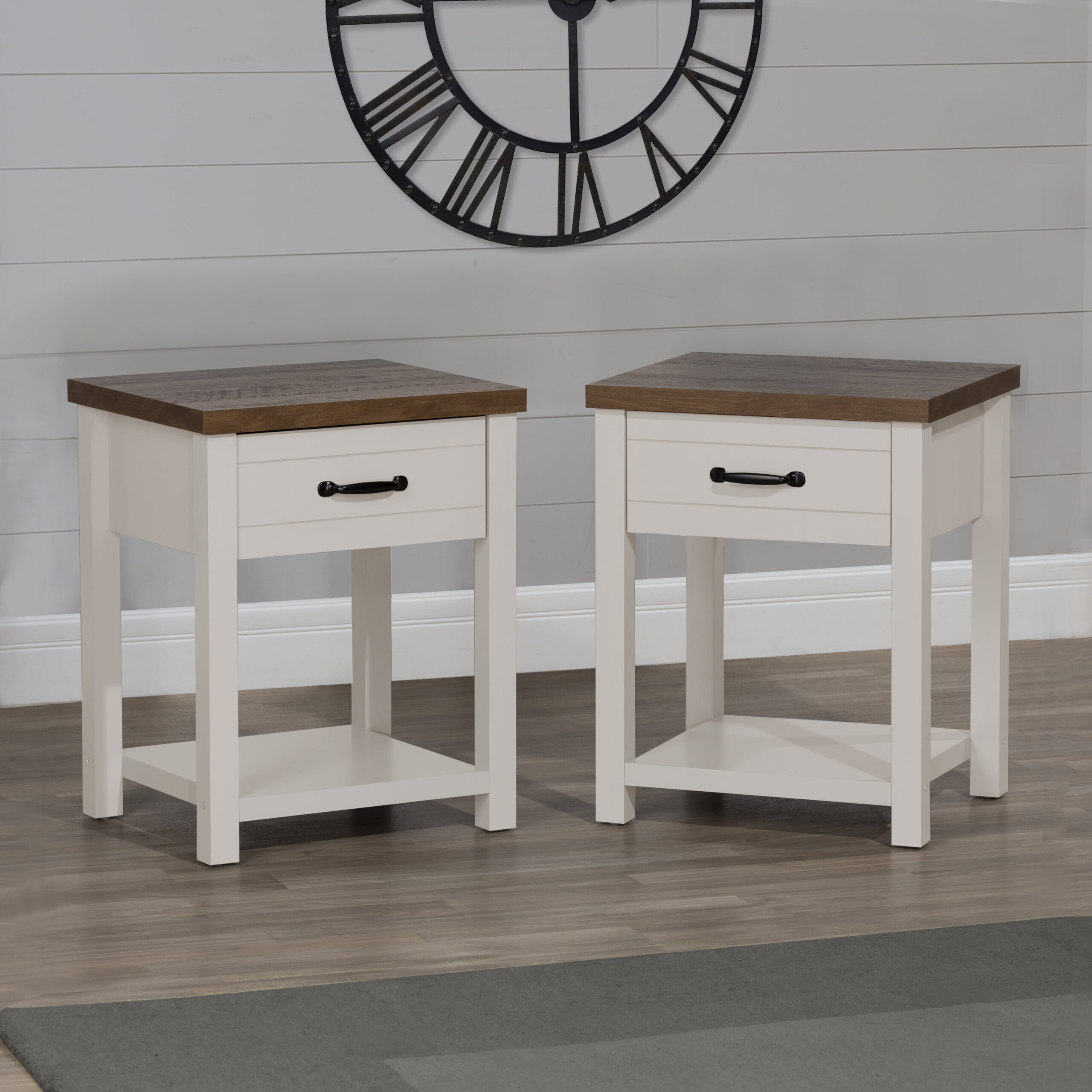 Lancaster Farmhouse Oak Top 1 Drawer Nightstand， Set of 2， Ivory