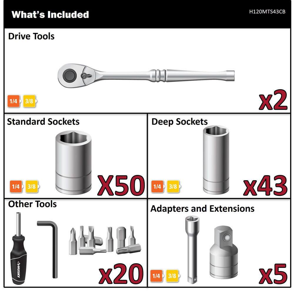 Husky 14 in. and 38 in. 120-Piece Mechanics Tool Set H120MTS43CB