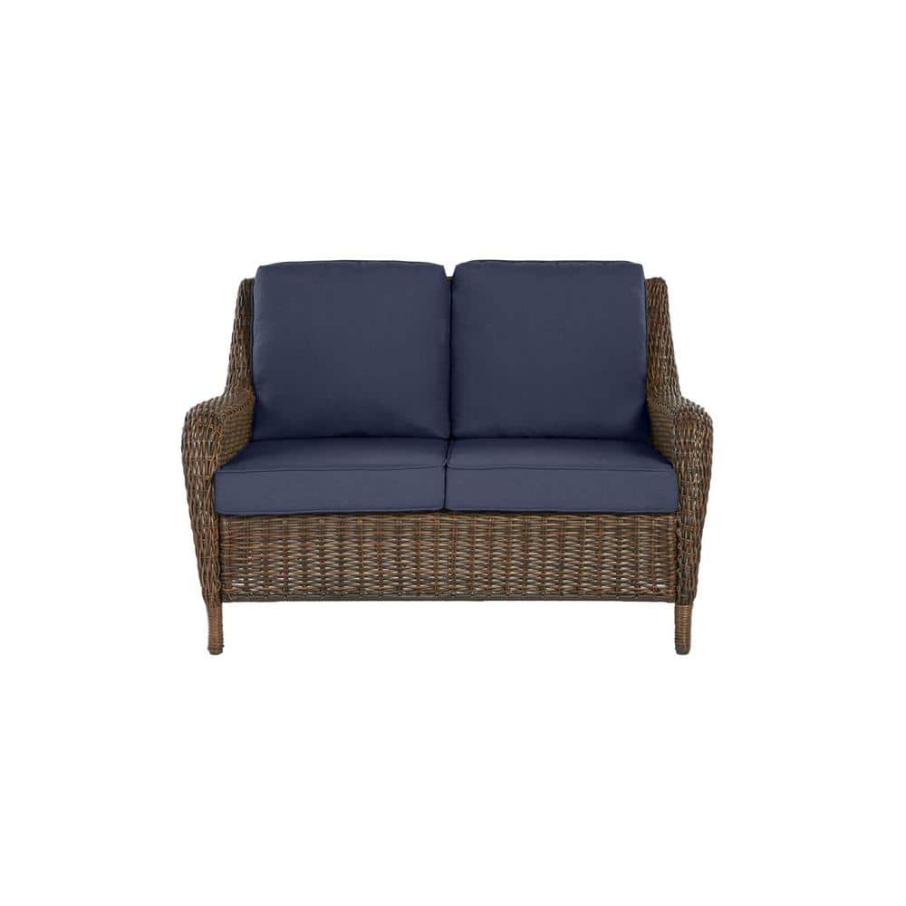 Hampton Bay Cambridge Brown Wicker Outdoor Patio Loveseat with CushionGuard Midnight Navy Blue Cushions 65-17148B3