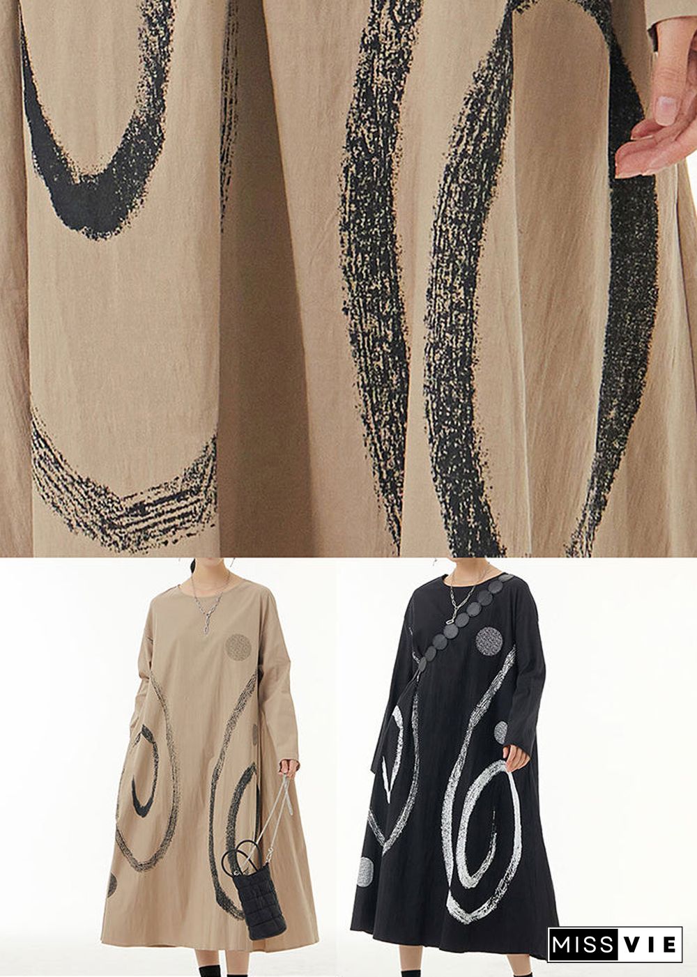 Khaki Print Cotton Long Dress O-Neck Oversized Spring