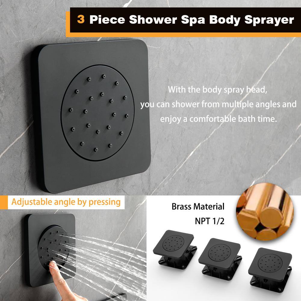 FORCLOVER 3-Spray Square High Pressure Deluxe Wall Bar Shower Kit with Slide Bar and 3-Body Spray in Matte Black FRIMFTHS09MB