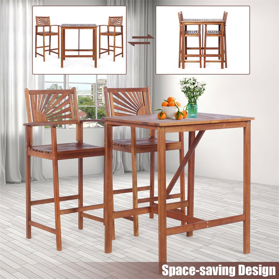 3 Pcs Acacia Wood Dining Set Outdoor Patio Bar Table Set Bistro Set with Two Bar Stools