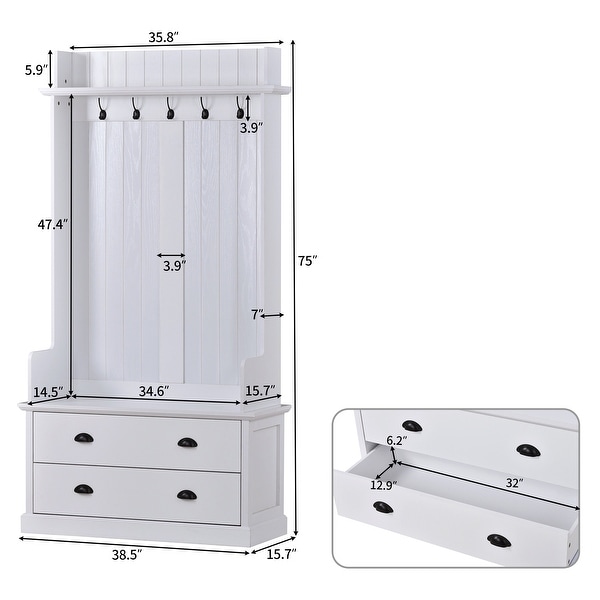 Hallway Coat Rack with Hooks and Drawers ， Metal drawer Handles