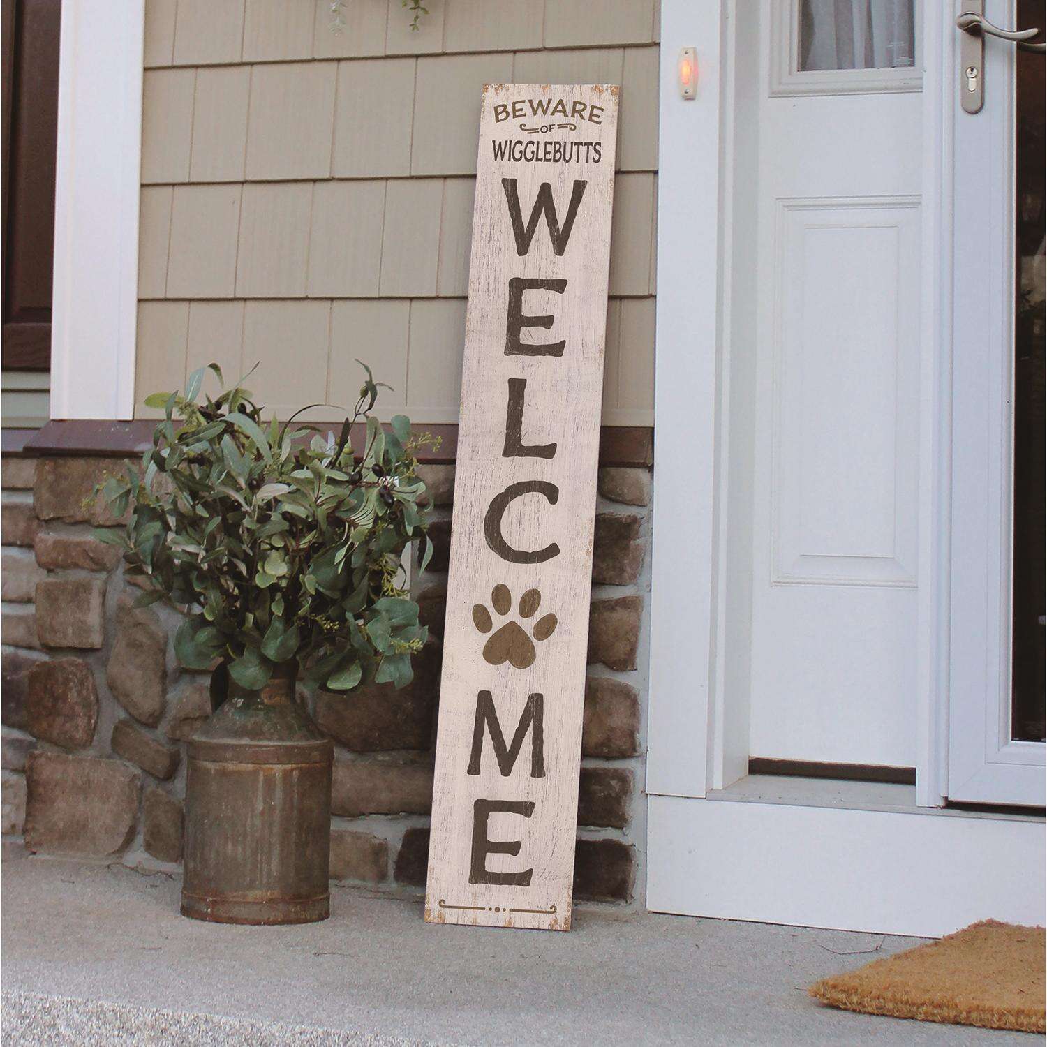 My Word! Multicolored Wood 46.5 in. H Welcome Beware Wigglebutts Porch Sign