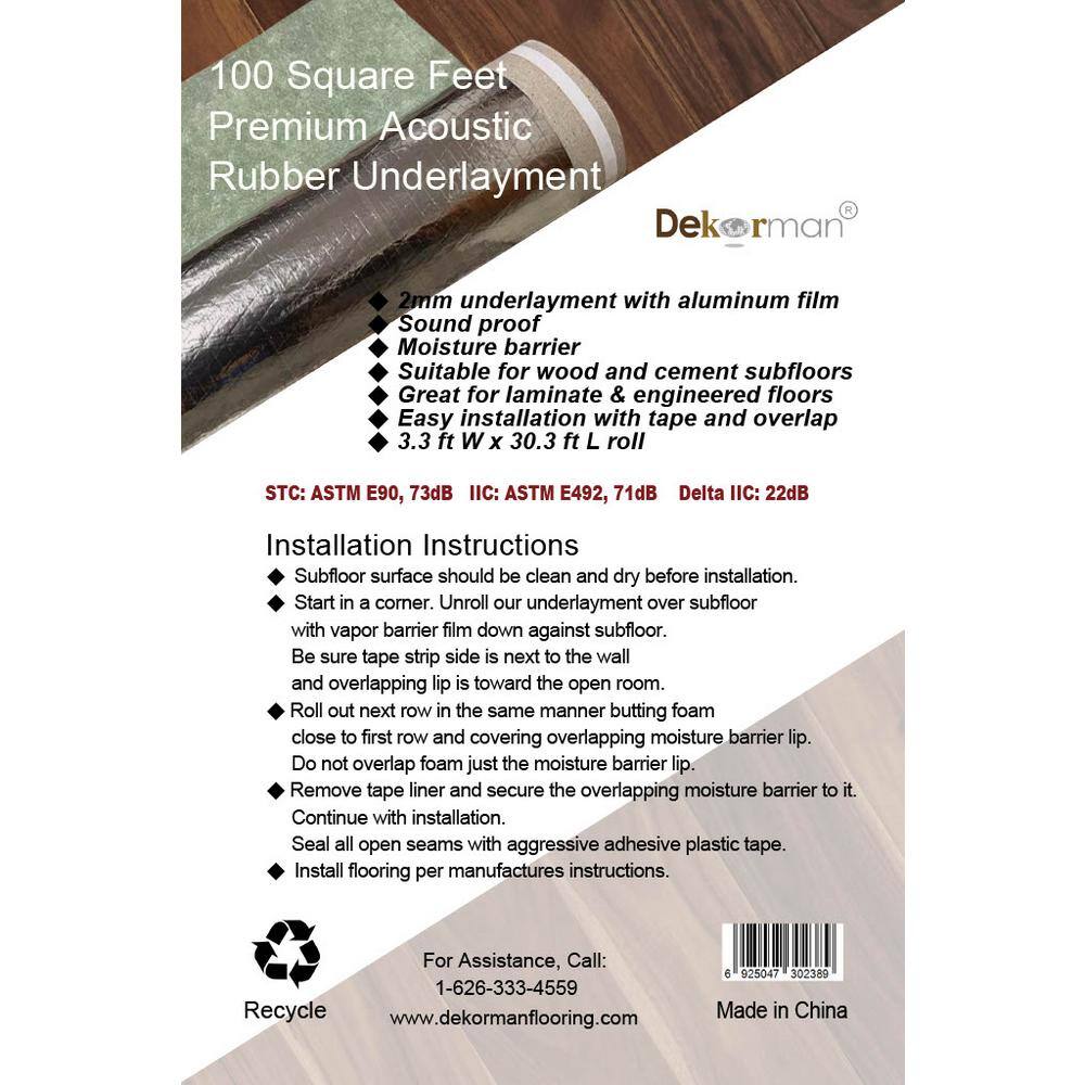 Dekorman 100 sq. ft. 40 x in. W 30.3 x ft. L x 80 mil 2 mm T Rubber Underlayment for Engineered hardwood Floor GRU2160