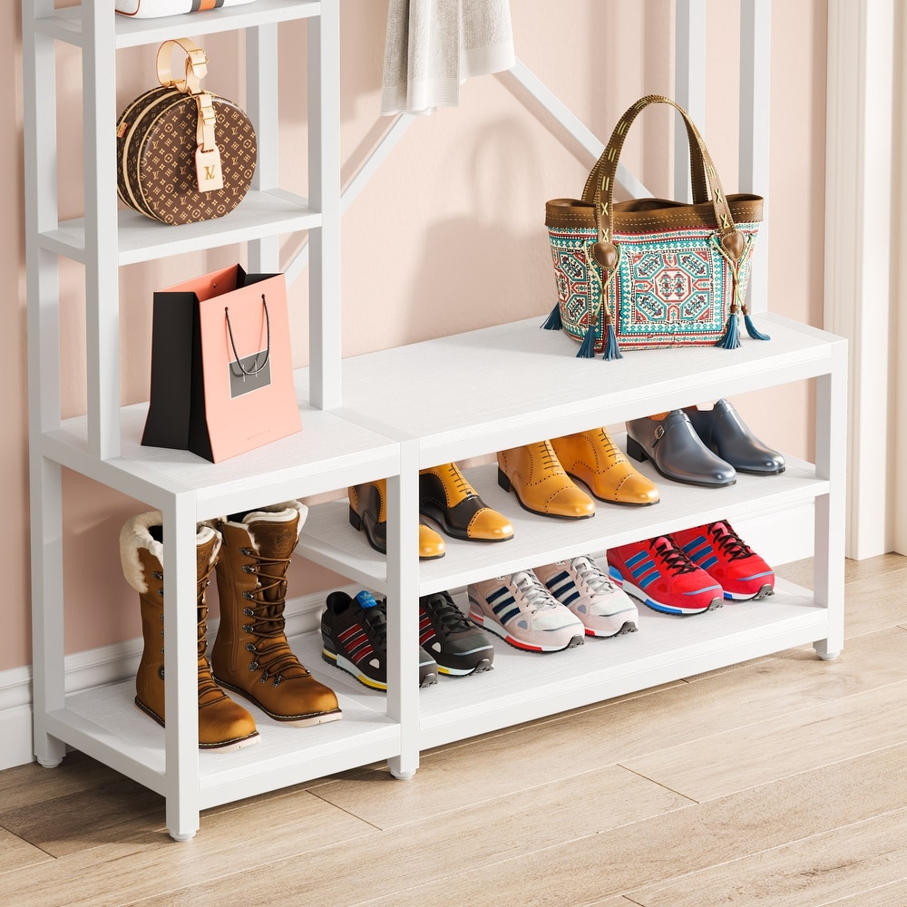 Entryway Hall Tree Coat Rack with Shoe Bench and Side Storage Shelves