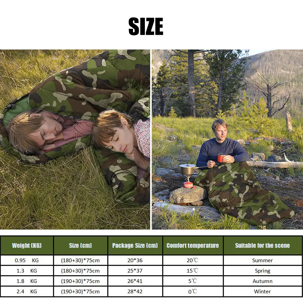 Hot Popular 170T Polyester Camouflage Pattern Outdoor Warm Camping Envelope Sleeping Bags with Carry Bag