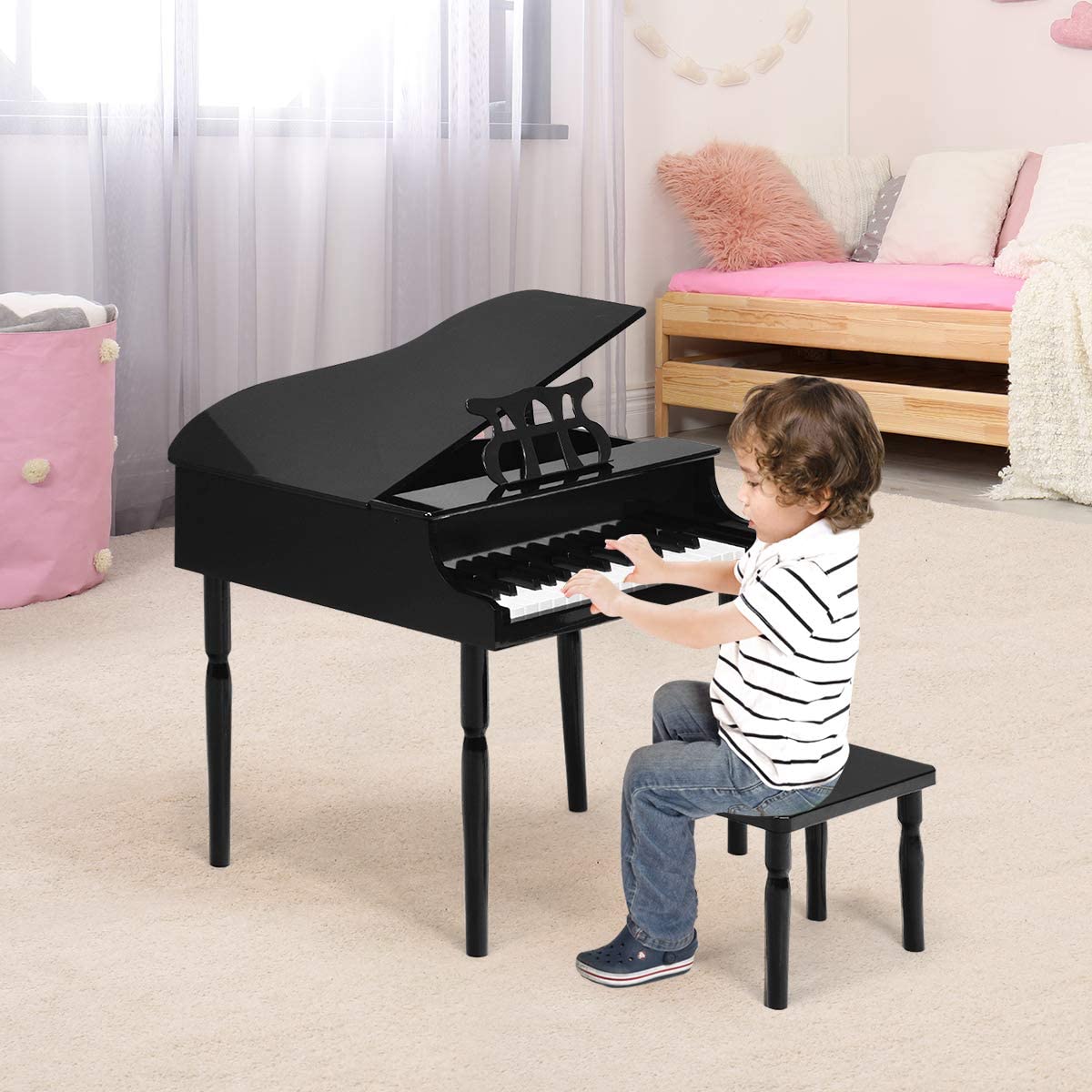 Costzon Classical Kids Piano, 30 Keys Wood Toy Grand Piano with Music Stand and Bench