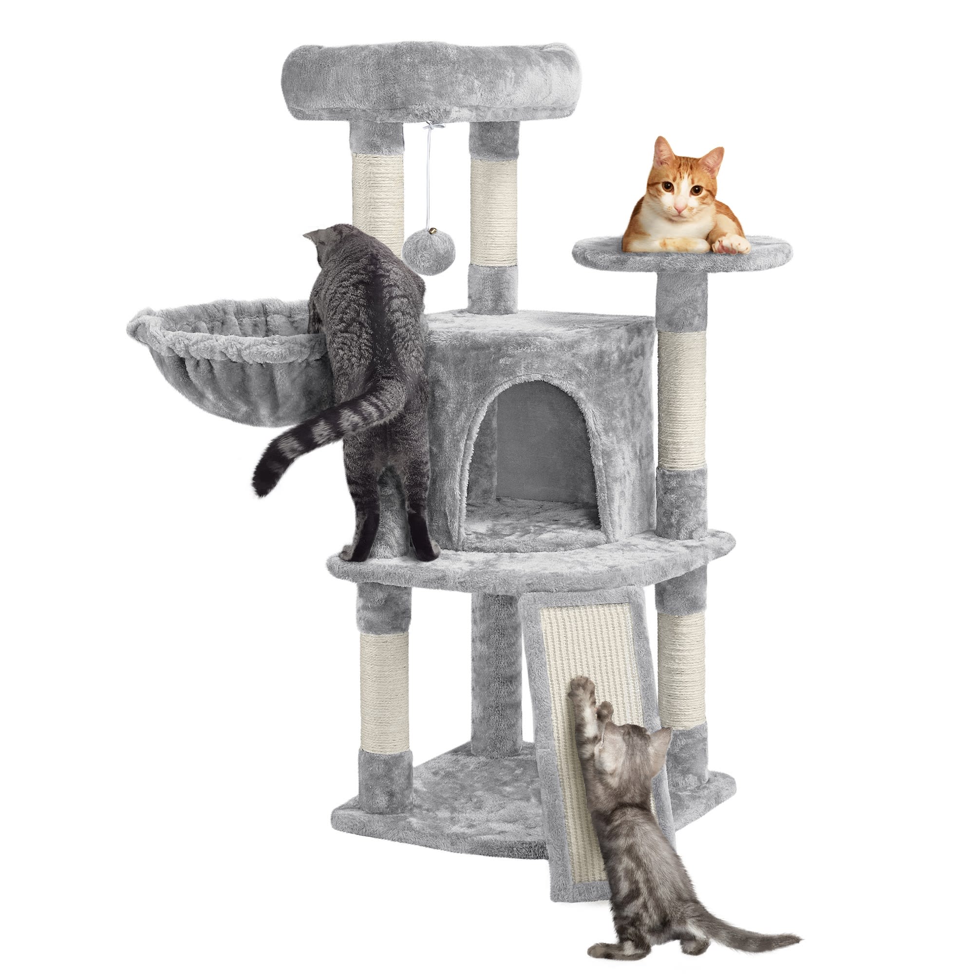 TOPEAKMART Light Gray Medium Plush Cat Tree Condo with Basket， 42