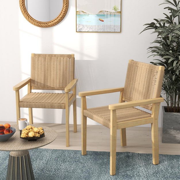 Costway Patio Chair Set Of 2 4 Rubber Wood Dining Armchairs Paper Rope Woven Seat Balcony