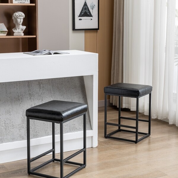 Set of 2 Counter Height Bar Stools with Footrest， Simple Style PU Chairs