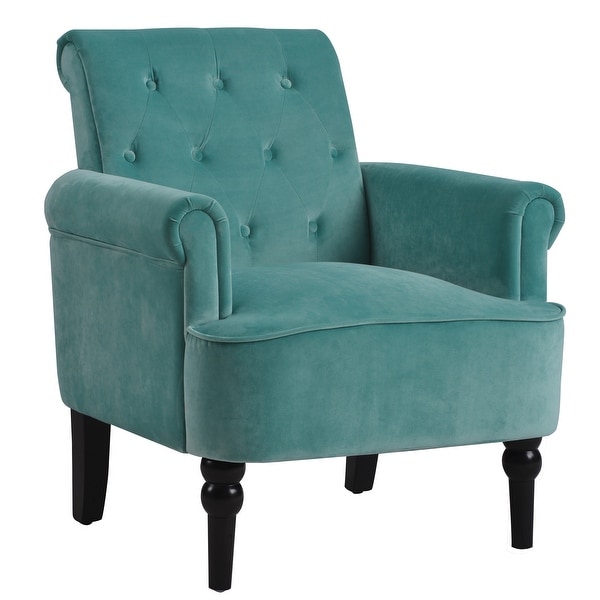 Elegant Button Tufted Club Chair Accent Armchairs Roll Arm Living Room Cushion with Wooden Legs， Teal Velvet