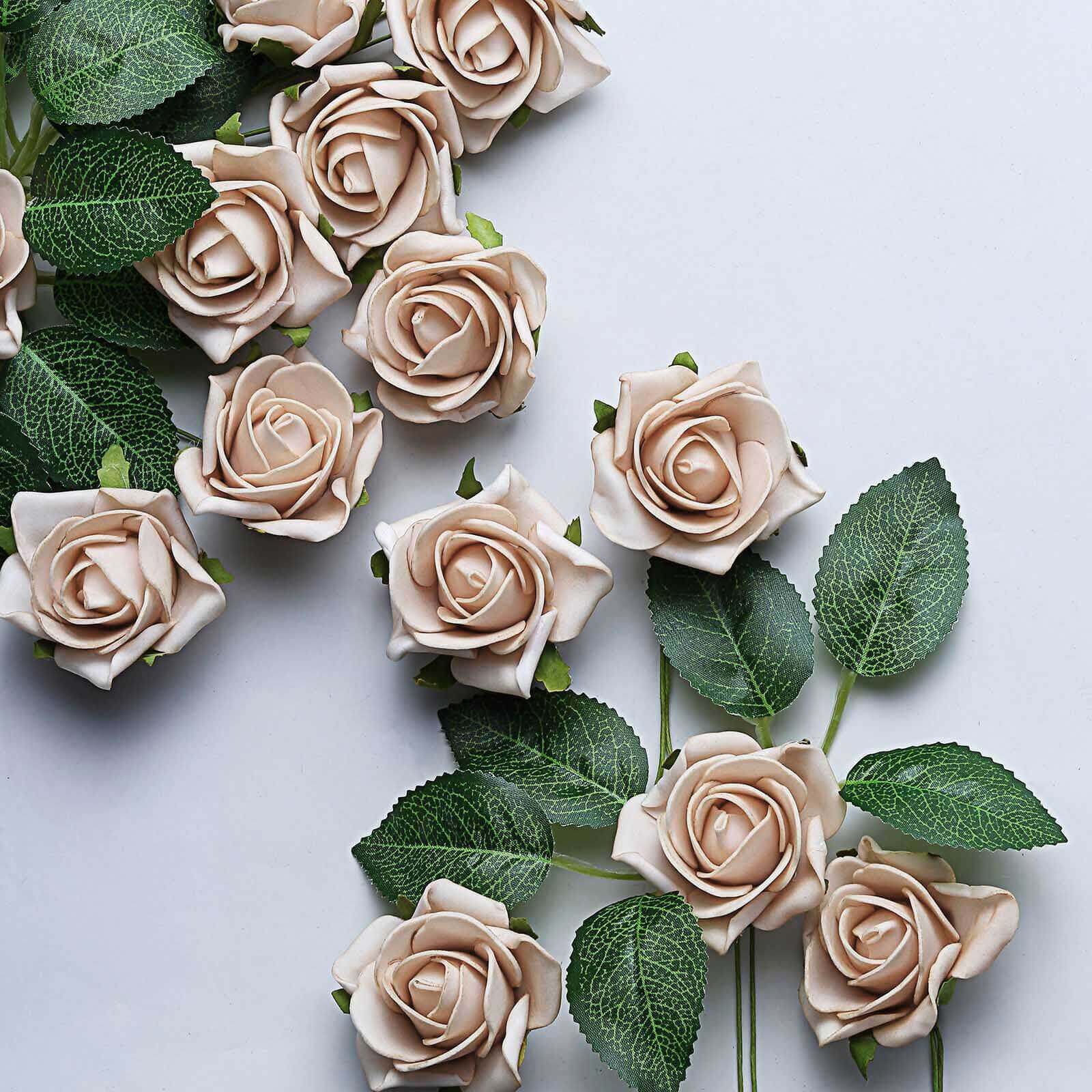 24 Roses Champagne Artificial Foam Flowers With Stem Wire and Leaves 2