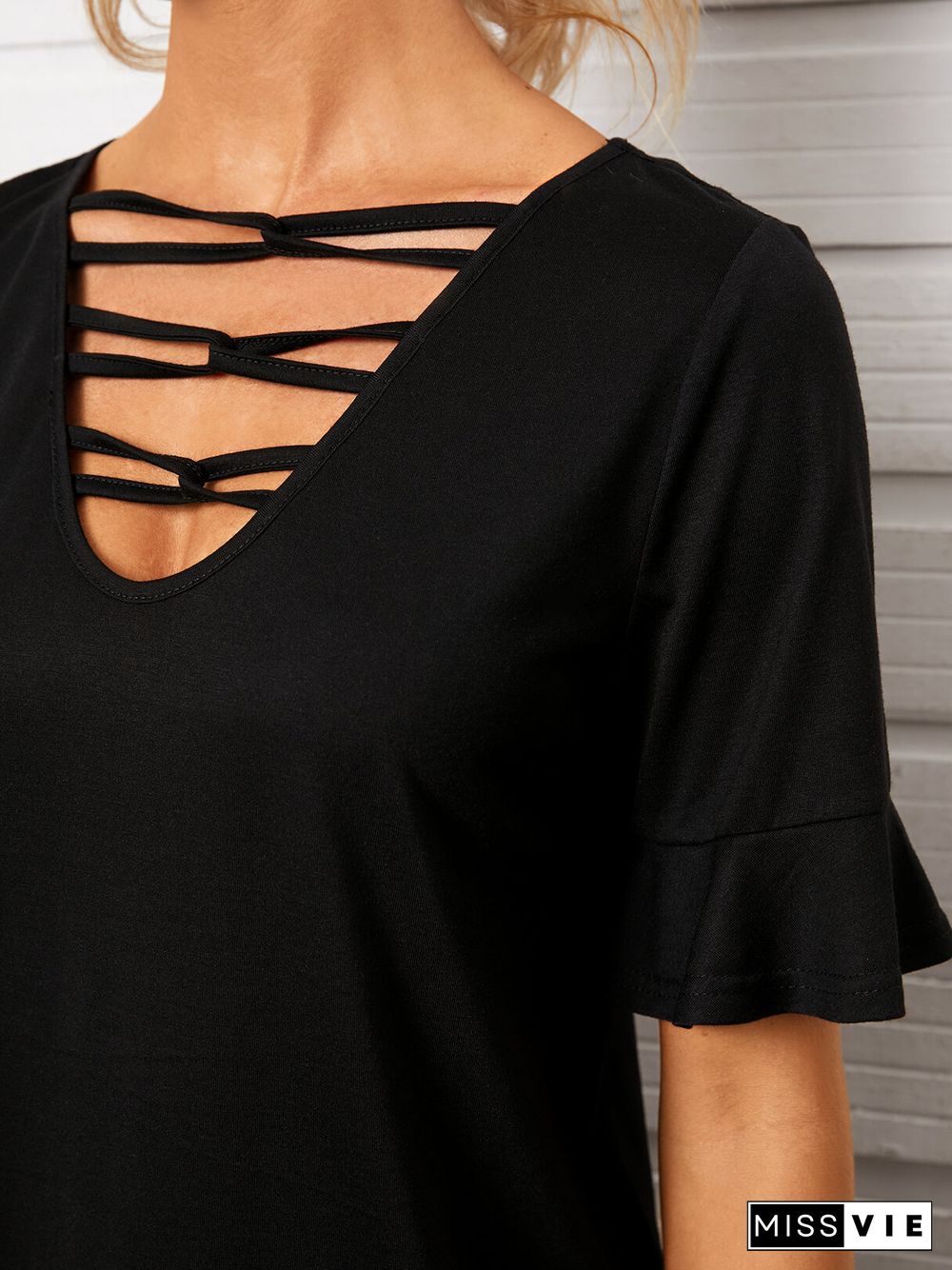 Solid Color V-Neck Bandage Ruffle Sleeve T-Shirt