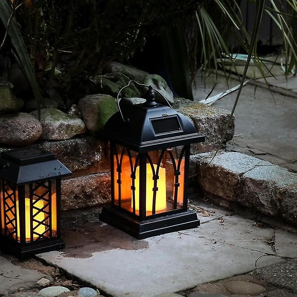 Black Solar Lantern With Led Candle And Deceptively Realistic Flickering Effect