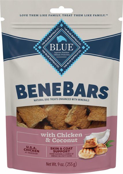 Blue Buffalo Benebars Skin and Coat Support， Chicken and Coconut Natural Dog Treats， 9-oz bag