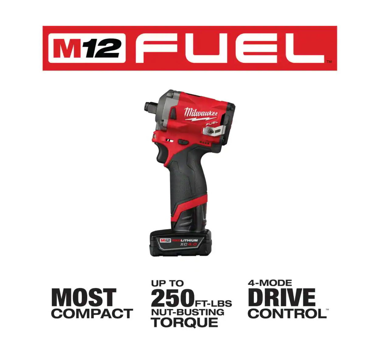 Milwaukee 2555-22 M12 FUEL 12V Lithium-Ion Brushless Cordless Stubby 1/2 in. Impact Wrench Kit with One 4.0 and One 2.0Ah Batteries