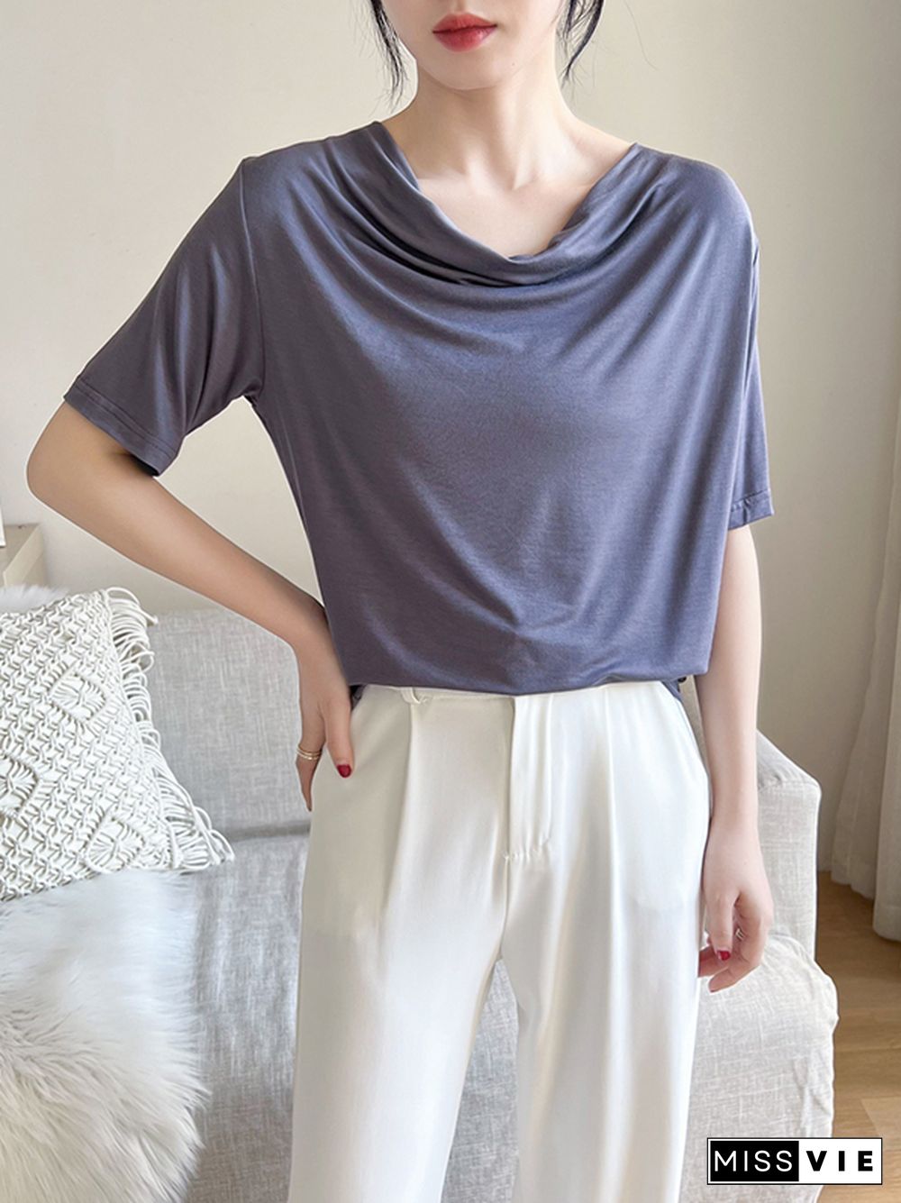 Short Sleeves Pleated Solid Color Heaps Collar T-Shirts Tops