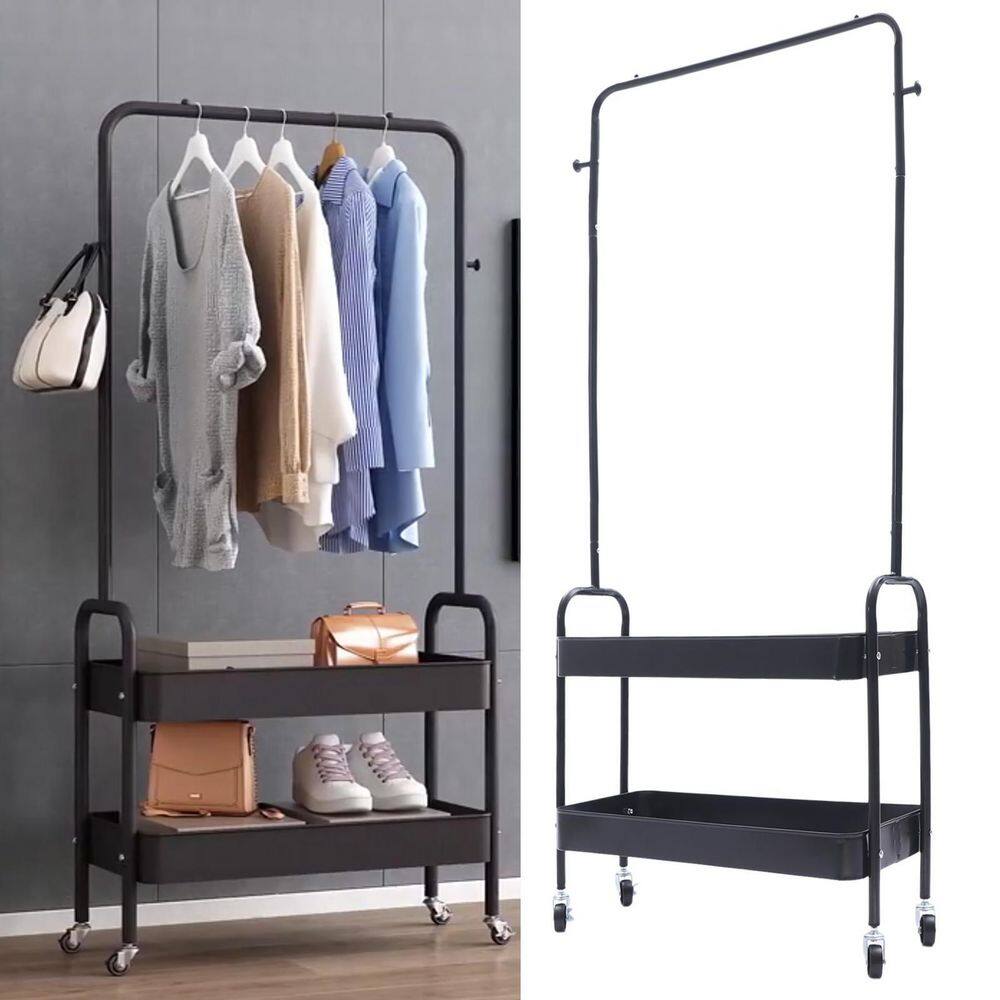 YIYIBYUS 2-Tier Carbon Steel 4-Wheeled 2-In 1 Freestanding Garment Rack in Black HG-WMT-8549