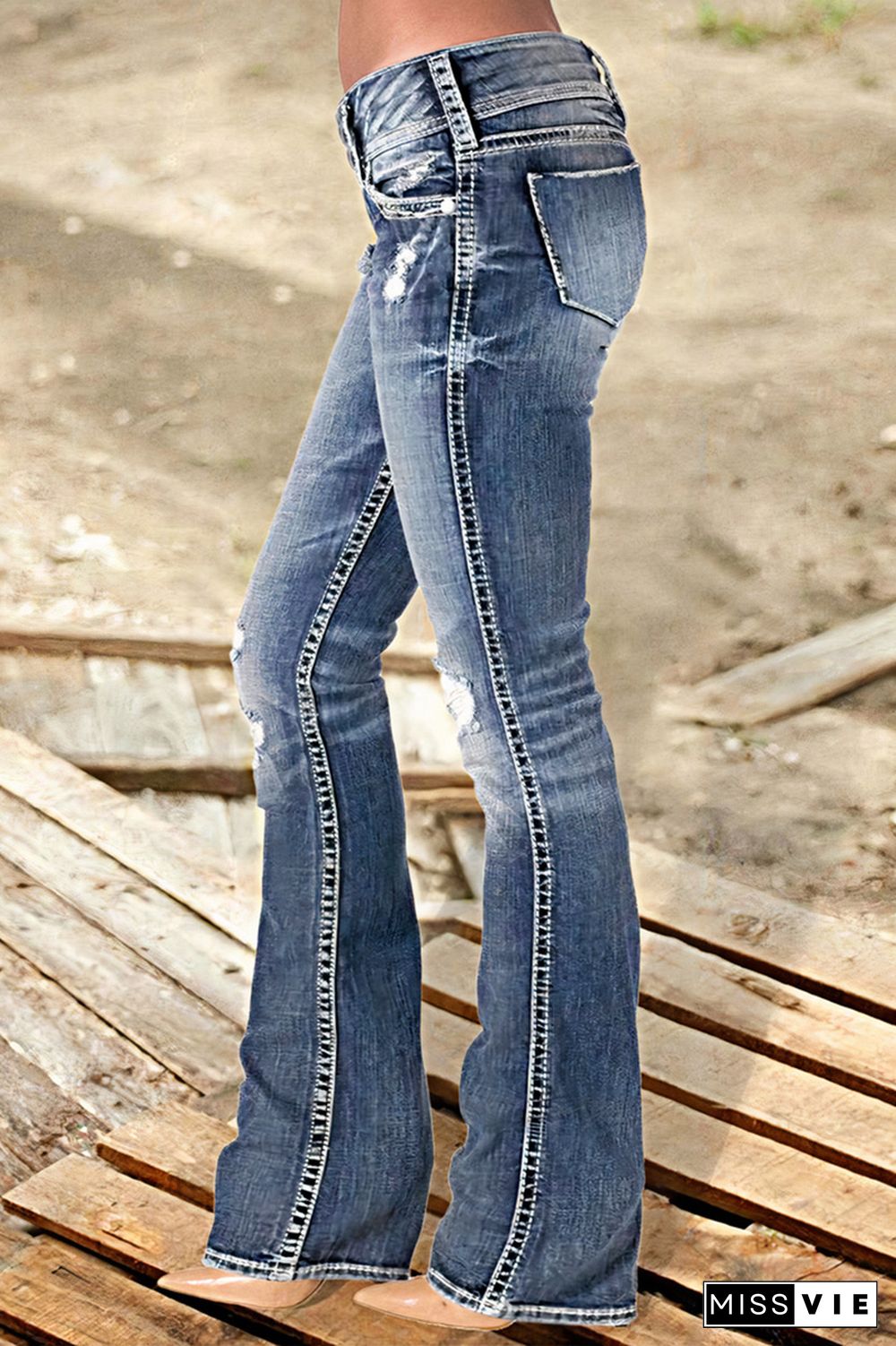 Double Button Ripped Stitch Detail Low Rise Flare Jeans