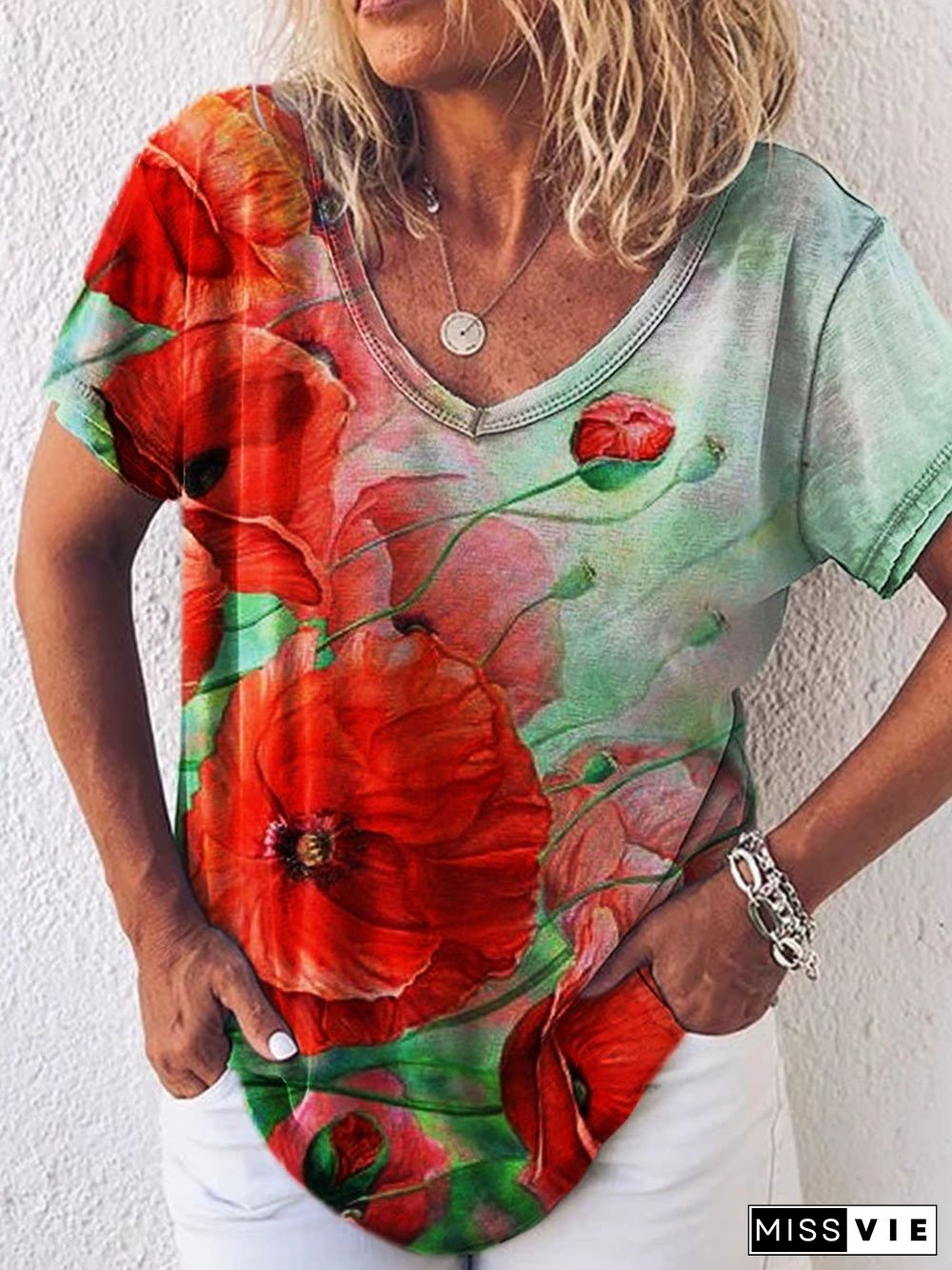 Women's Memorial Day Poppy Flower V-neck T-shirt