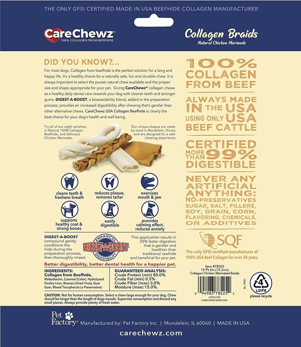 Pet Factory CareChewz 6 to 7-inch Collagen Braid Chicken Flavored Dog Hard Chews， 12 count