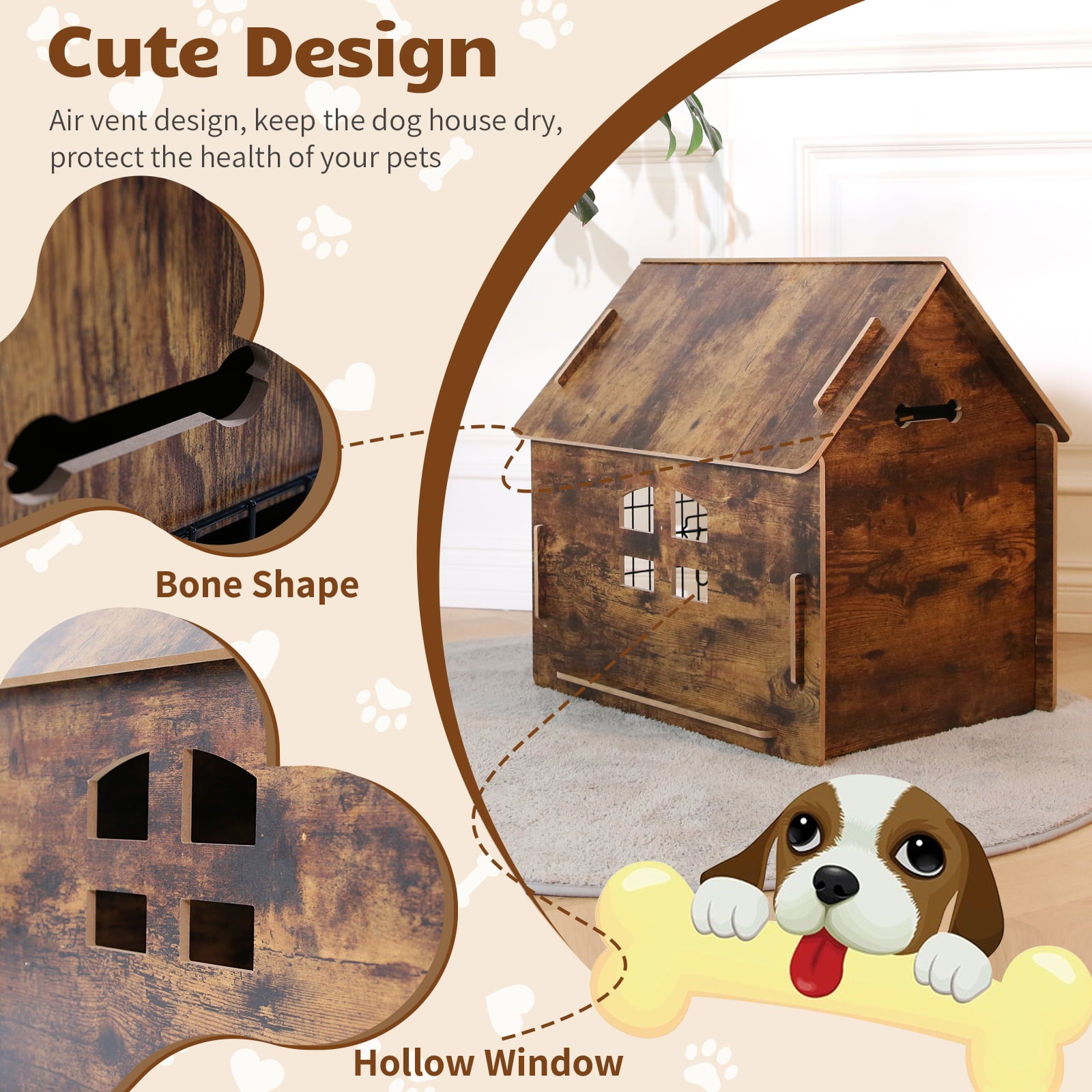 RYPetmia Wooden Dog House with Roof Dogs Indoor and Outdoor Use for Small Medium Dog Cat， Dog Kennel for Playing and Resting， Brown