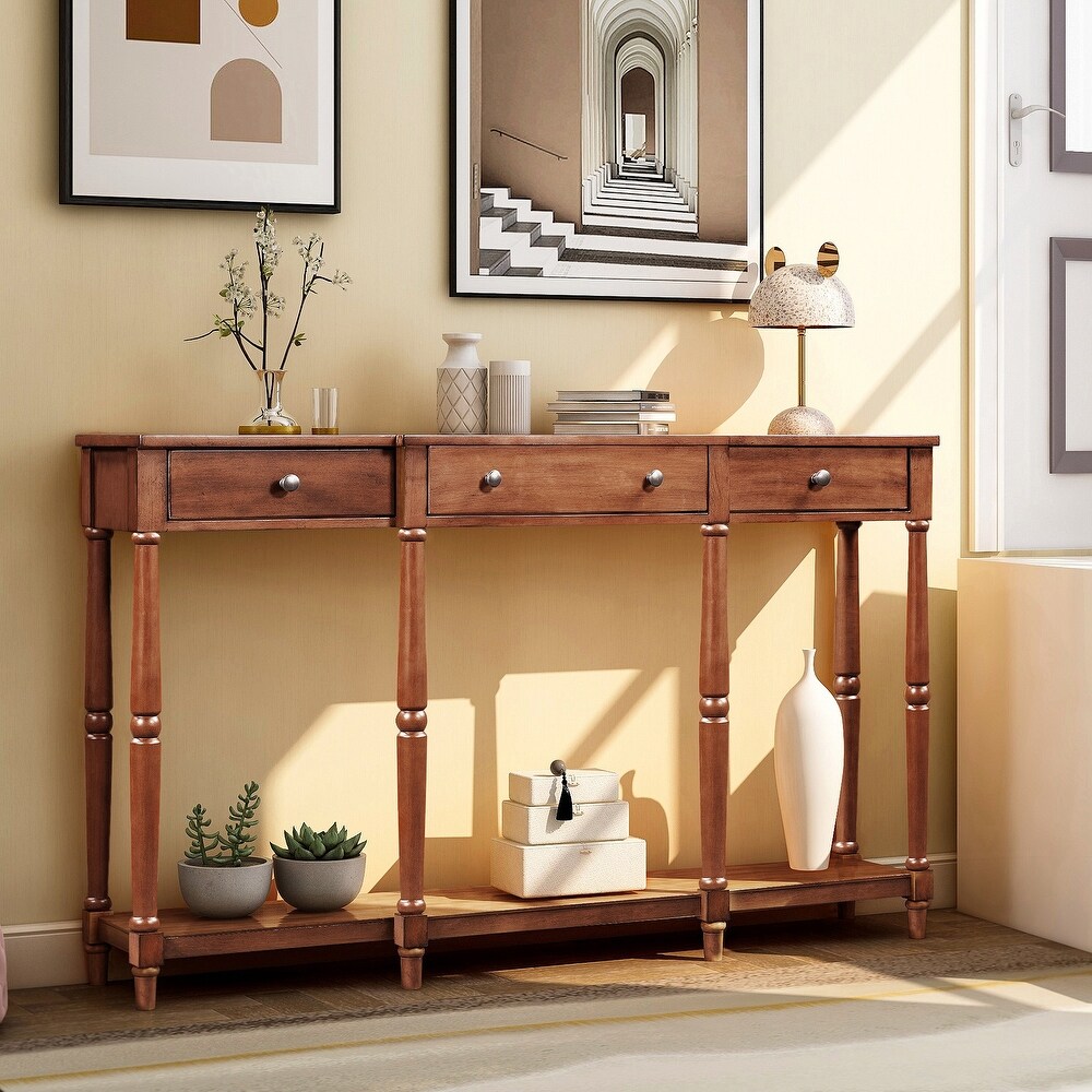 Solid Wood Console Table  Classic Entryway Table with Storage Shelf and Drawer