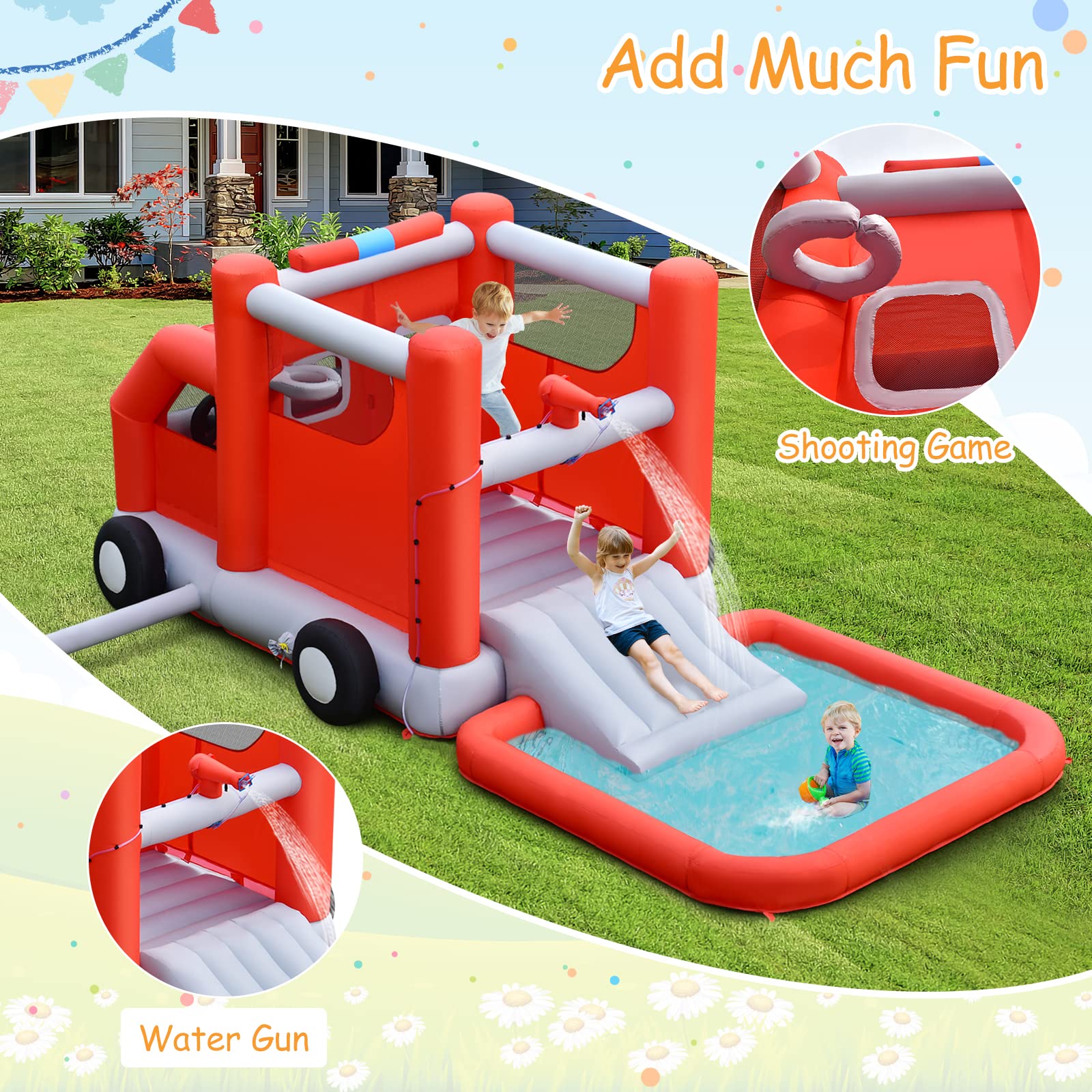 Costzon Inflatable Water Slide, 6 in 1 Fire Truck Water Park Jumping Bounce House Wet & Dry