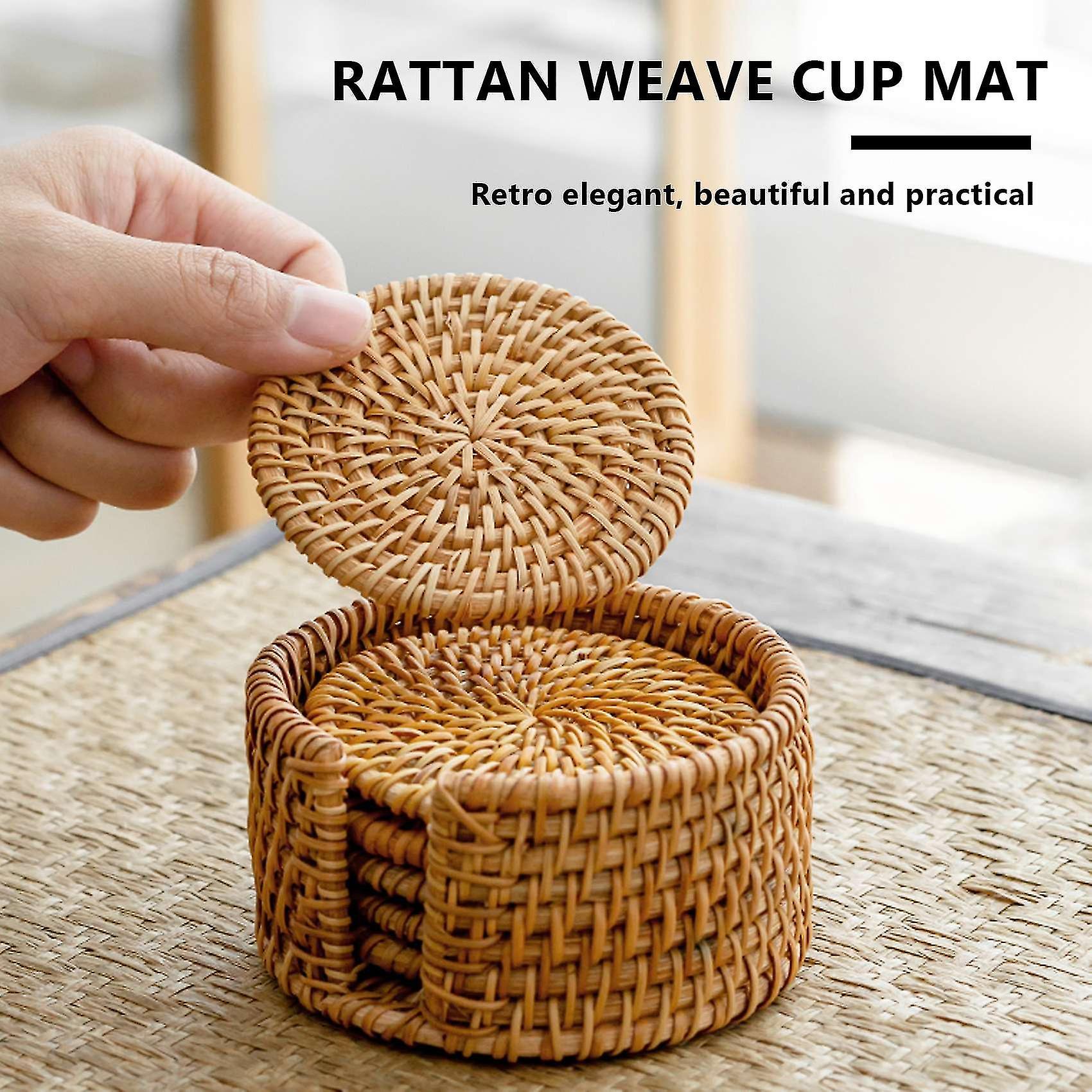 6pcs/ Drink Coasters Set For Kungfu Tea Accessories Round Tableware Placemat Dish Mat Rattan Weave