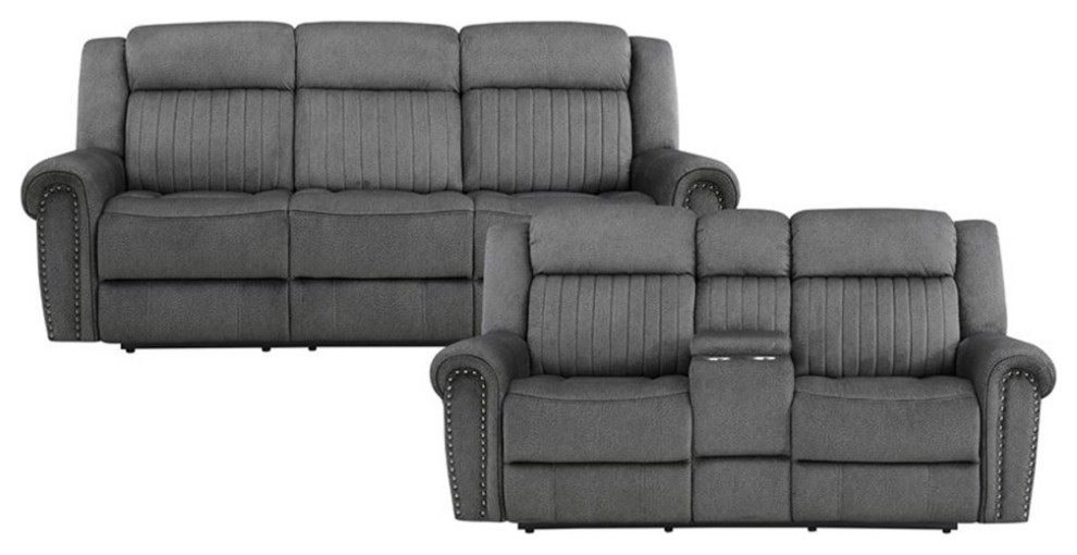 Bowery Hill Wood  ampMicrofiber Power Double Reclining Sofa in Charcoal   Transitional   Sofas   by Homesquare  Houzz