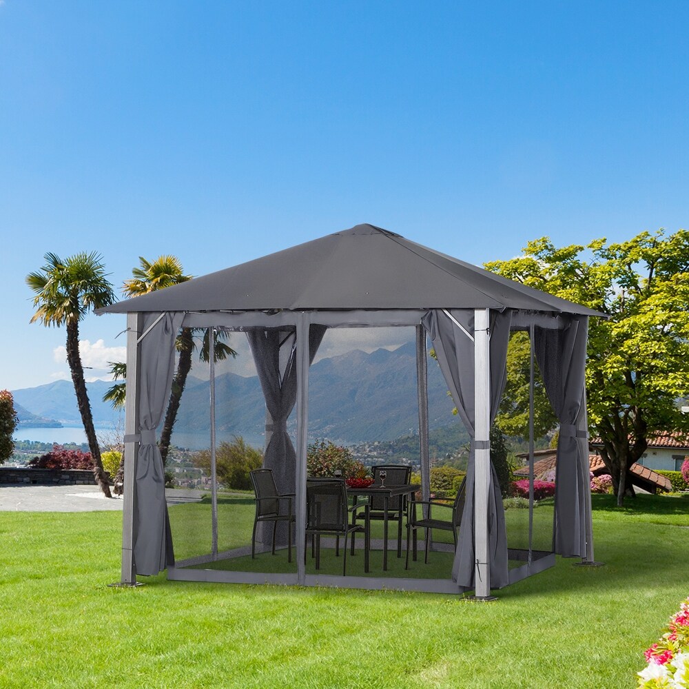 Outsunny 10' x 10' Soft Top Outdoor Pergola Canopy Gazebo with Beautiful Wood Grain Finish   Zippered Sling Sidewalls