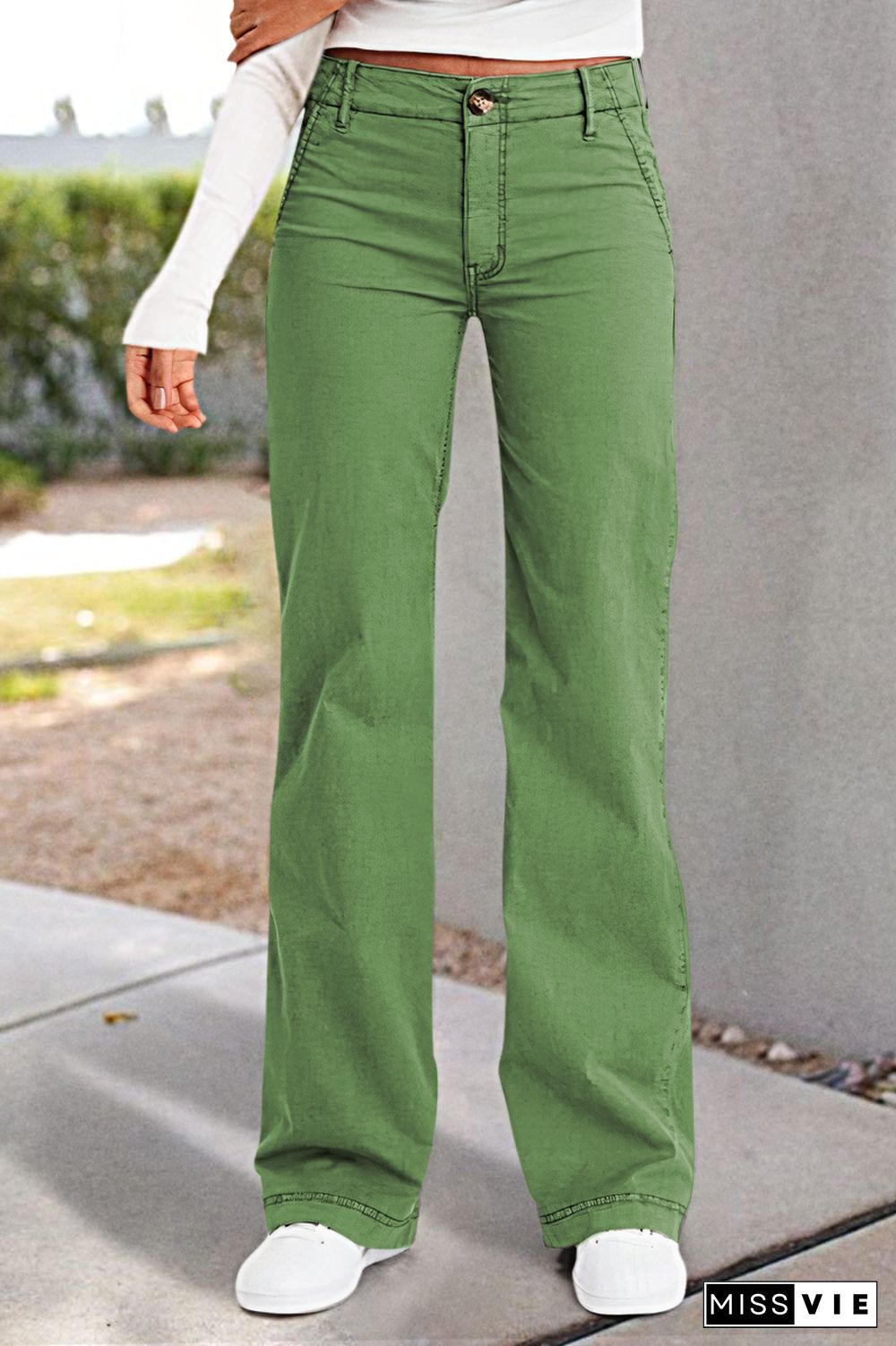 Solid Pocket Detail Mid Waist Wide Leg Pants