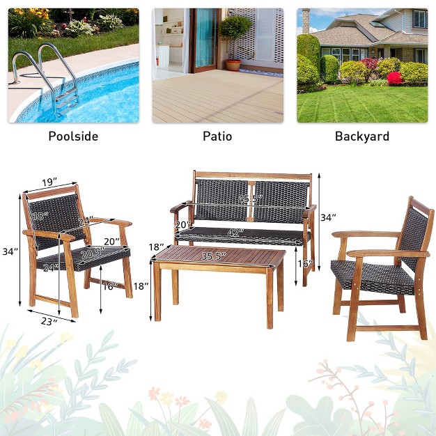 Costway 4 Pcs Patio Rattan Furniture Set Acacia Wood Frame Sofa Loveseat Garden