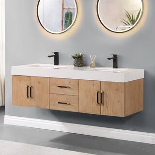 Altair Corchia 60 in. W x 22 in. D x 19 in. H Double Sink Bath Vanity in Light Brown with White Composite Stone Top 553060-LB-WH-NM