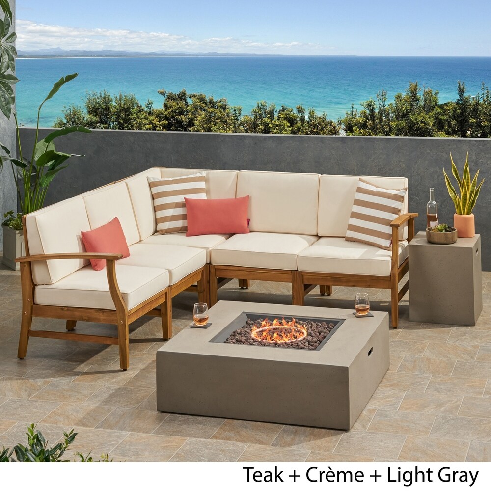 Illona Outdoor 5 Seater V Shaped Acacia Wood Sofa Set with Square Fire Table and Tank by Christopher Knight Home