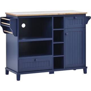 Dark Blue Kitchen Island on 5-Wheels with Storage Cabinet and Microwave Cabinet Solid Wood Desktop VJ1208KIsland7