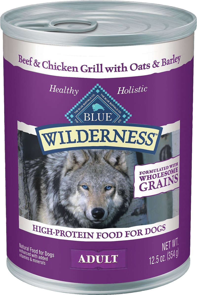 Blue Buffalo Wilderness Beef and Chicken Grill with Oats and Barley Adult Wet Dog Food， 12.5-oz， case of 12