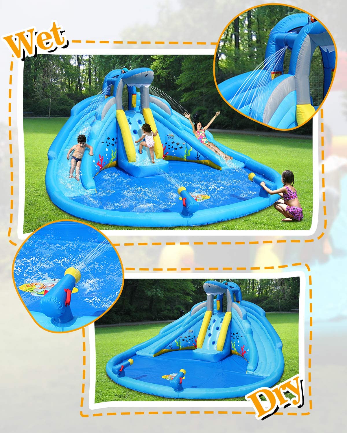 ACTION AIR Inflatable Water Slide, Double Waterslides Shark Theme Water Park, Bounce House for Wet and Dry, 2 Water Sprays with Huge Water Pool Backyard, Durable Sewn and Extra Thick