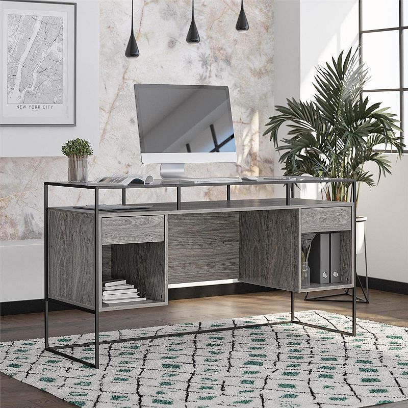 Ameriwood Home Camley Modern Desk with Fluted Glass Top and 2 Drawers