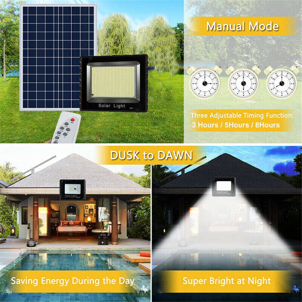 Solar Powered Lights Outdoor， 409 LED Light IP65 Waterproof whit Light Control + Remote Control，Auto Dusk to Dawn Adjustable Solar Security Lights for Barn， Garden， Garage， Pathway， Yard， Patio， Lawn